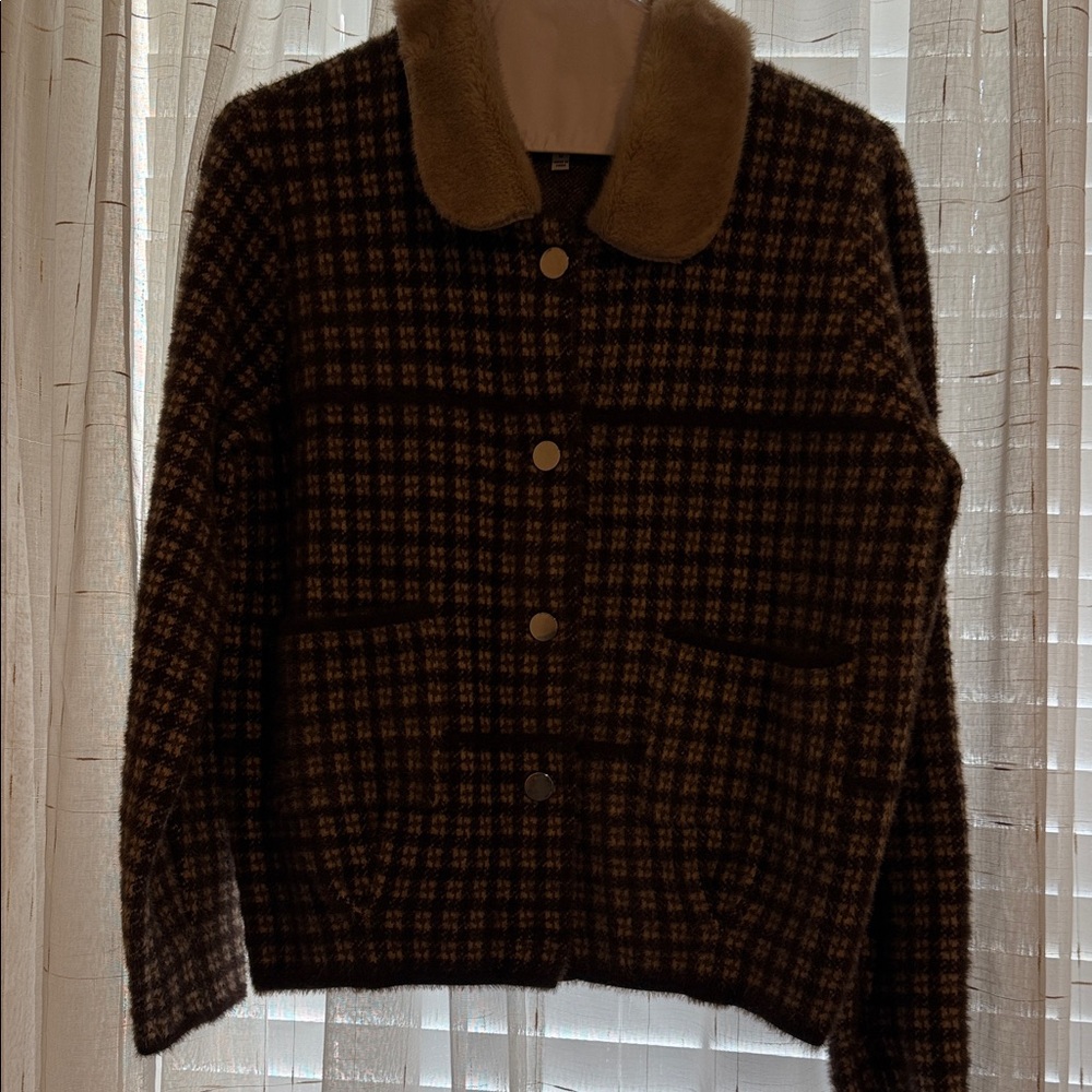 Cyrus Brown Plaid Teddy Jacket with Tan Collar